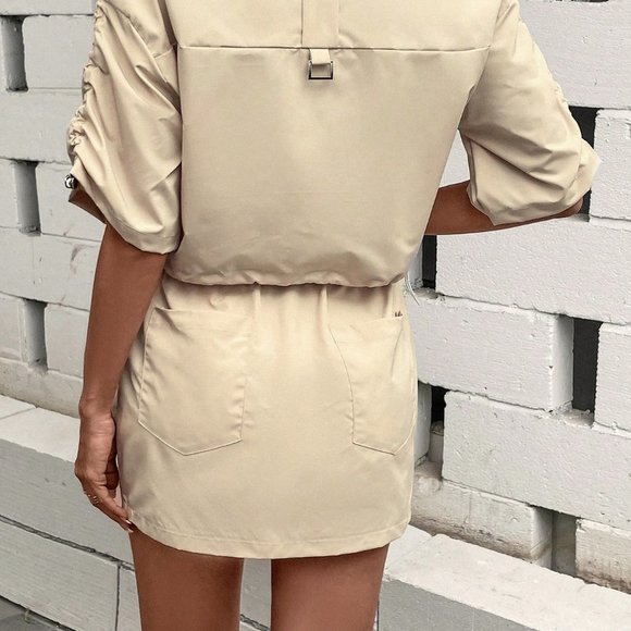 Khaki Casual Womens Flap Pocket Drawstring Hem Jacket & Skirt - Picture 2 of 5